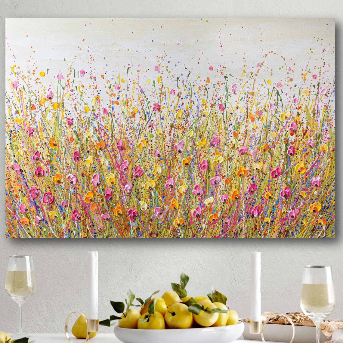 Pink Yellow Wildflower Field Panoramic White Meadow Splatter Poster