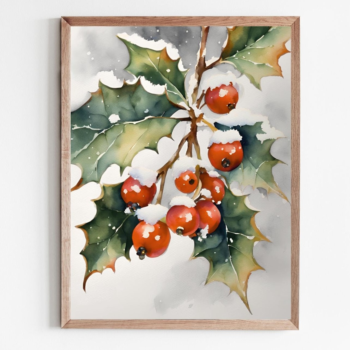 Holly Berry Branch Christmas Watercolor Art Print