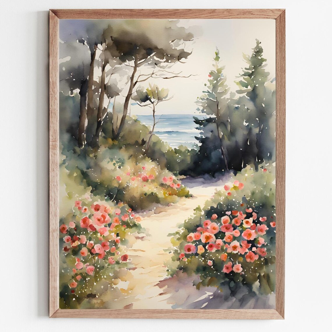 Coastal Pine Forest Path Pink Wild Roses Ocean View Watercolor Poster