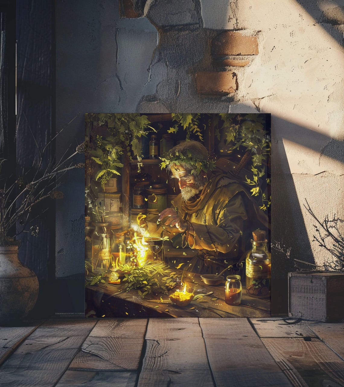 Elderly Herbalist Wizard Brewing Golden Potion Apothecary Art Poster - Image 2