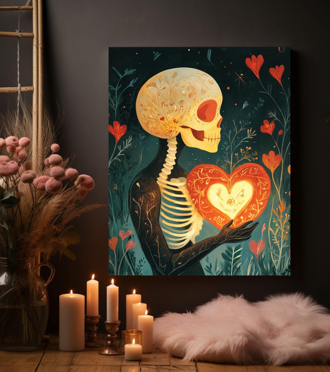Skeleton Holding Glowing Heart Folk Art Dark Teal Love Poster - Image 4