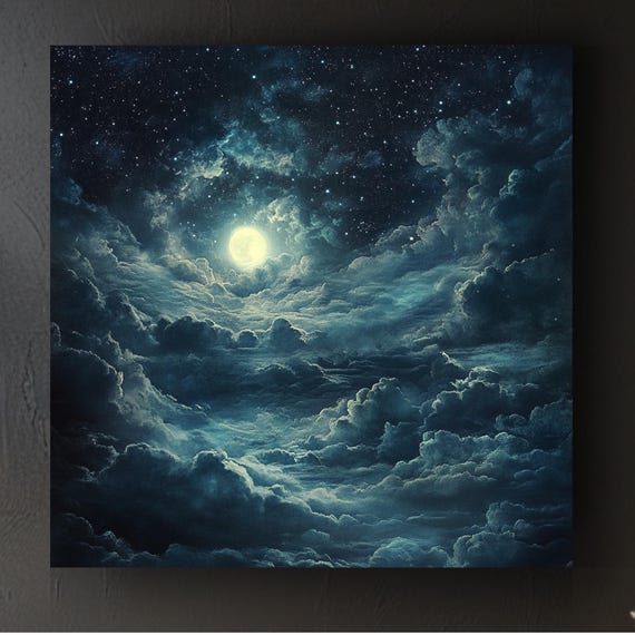 Moonlit Cloudscape Wall Art Enchanting Night Sky Print Dreamy Celestial Decor Mystical Clouds And Stars Art Unique Gift Idea