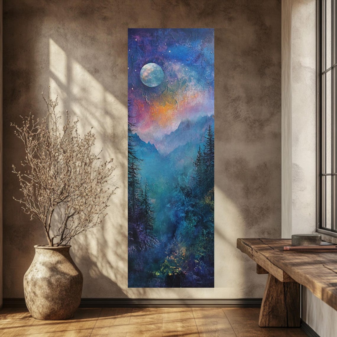Pastel Galaxy Moon Over Mountain Pines Tall Narrow Night Poster - Image 3