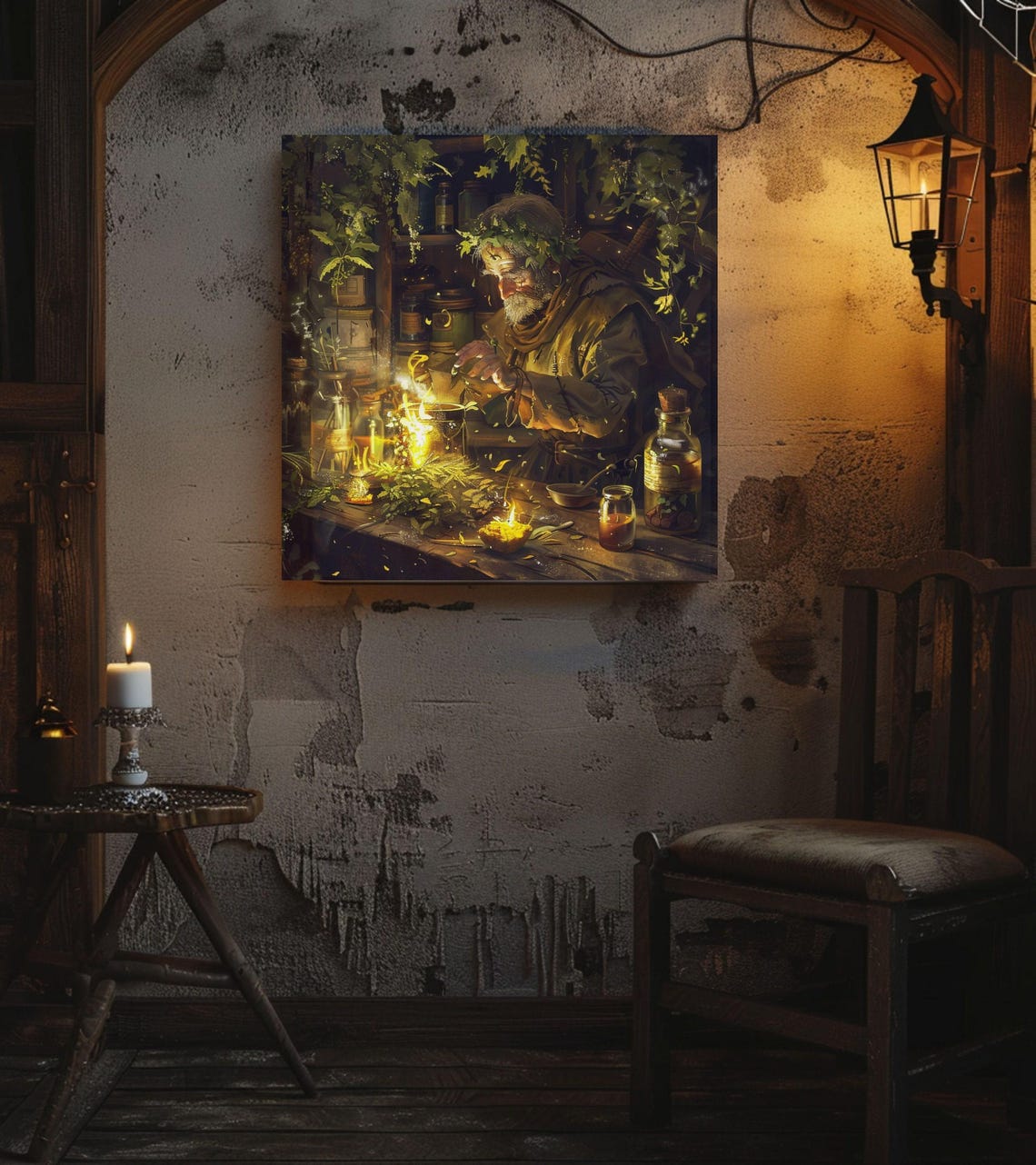 Elderly Herbalist Wizard Brewing Golden Potion Apothecary Art Poster - Image 3