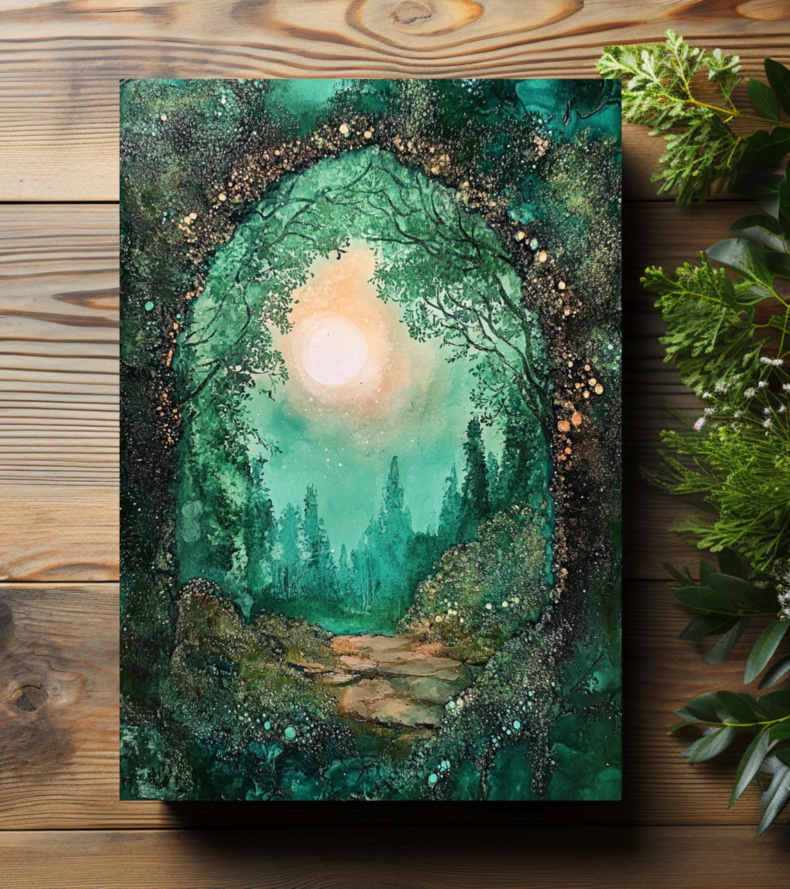 Emerald Forest Path Under Glowing Moon Hardcover Journal Art Print - Image 3