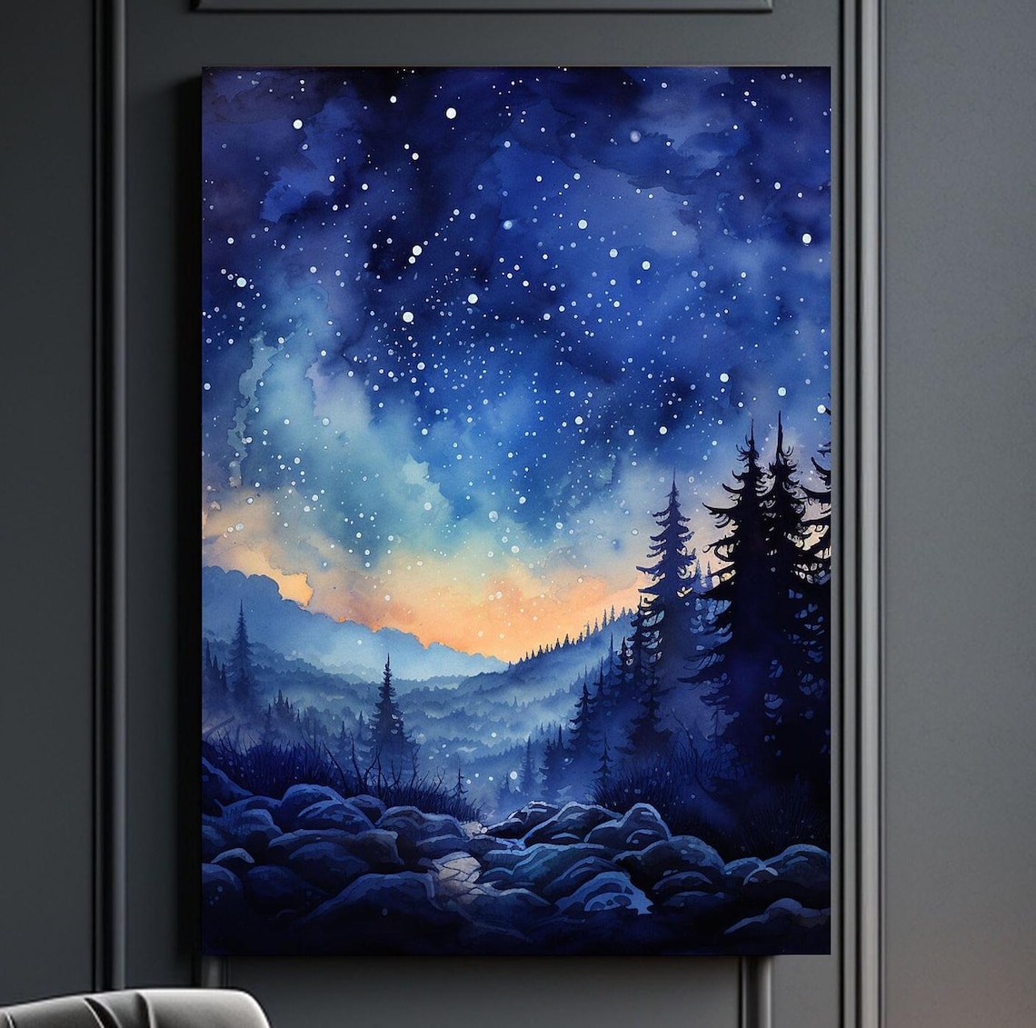 Night Sky Watercolor Art Appalachian Mountains Wall Decor Mystical Sky Wall Art Starry Night Sky Pine Forest
