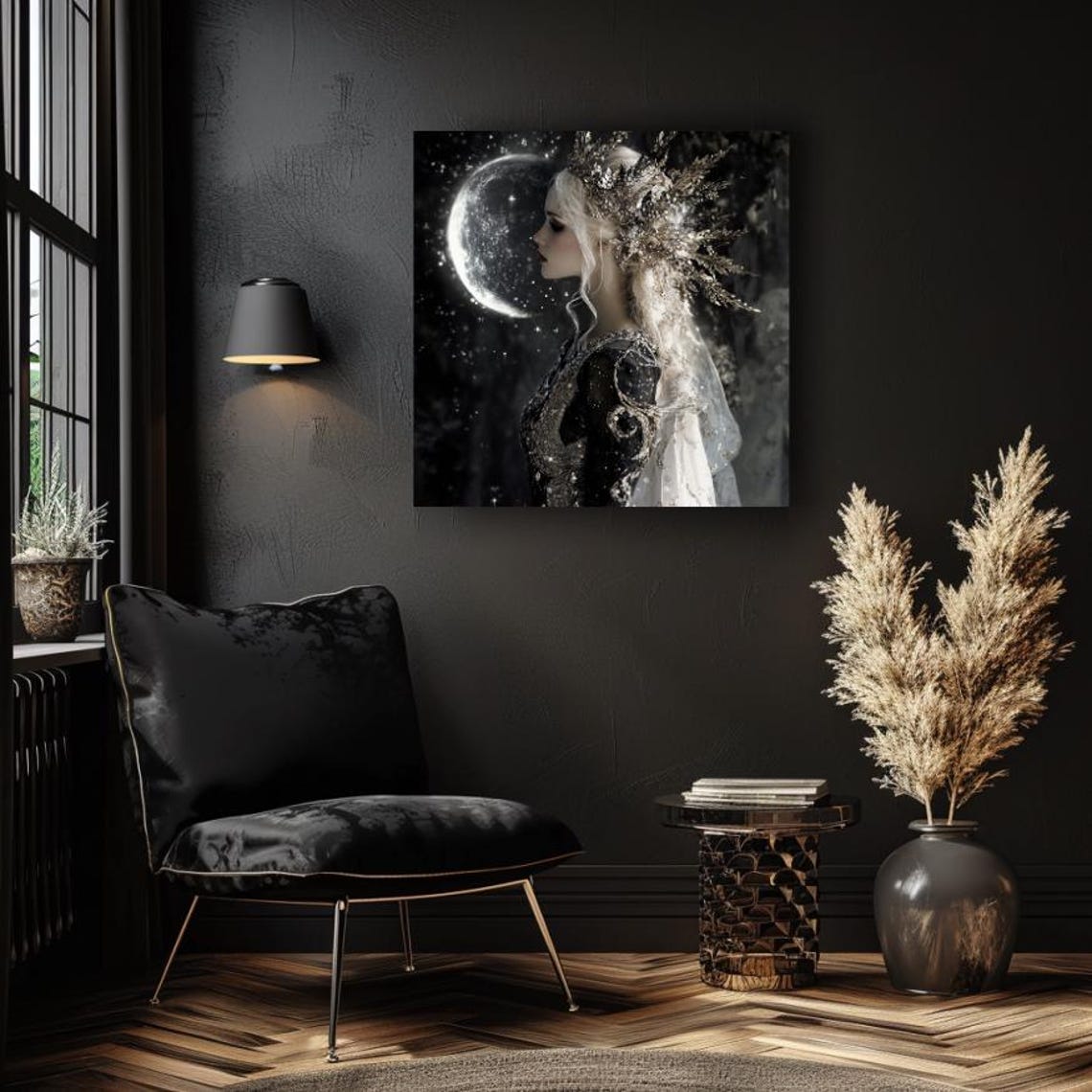 Moon Goddess with Crystal Crown Before Crescent Moon Dark Art Poster - Image 4