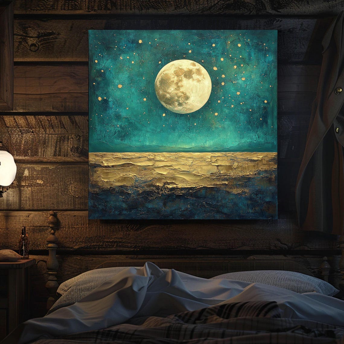 Golden Full Moon Rising Over Teal Sea Abstract Ocean Night Art Poster - Image 2