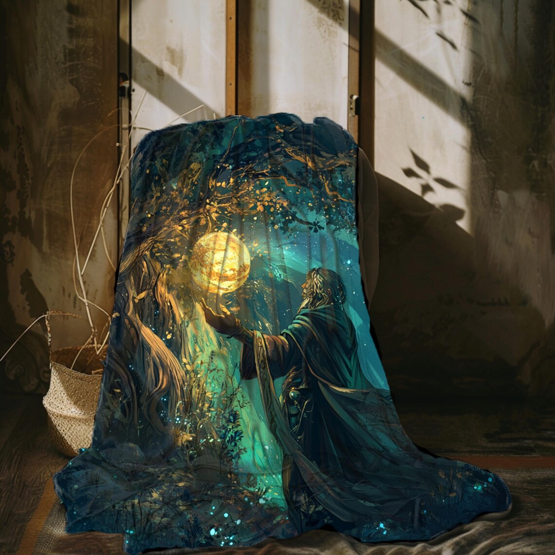 Mystical Wizard Holding Glowing Golden Orb Teal Blanket Fantasy Print - Image 3