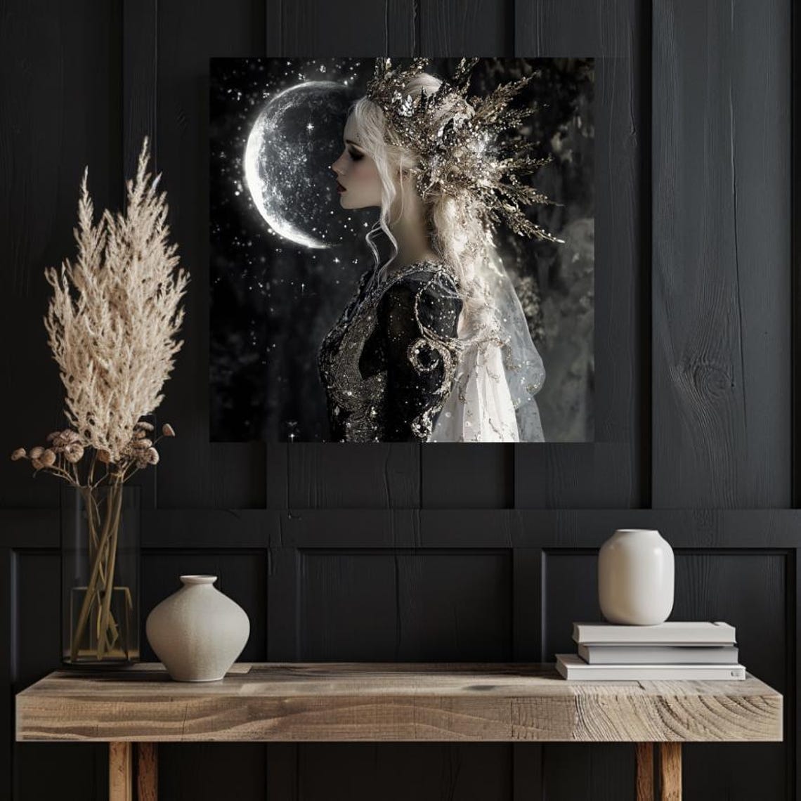 Moon Goddess with Crystal Crown Before Crescent Moon Dark Art Poster - Image 3