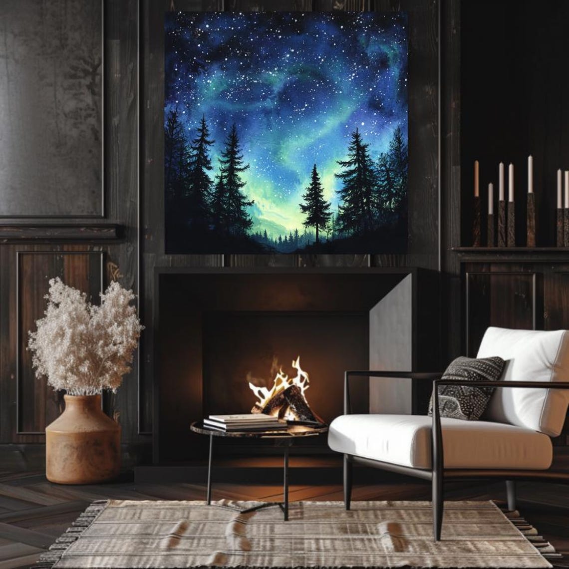 Aurora Borealis Over Pine Forest Watercolor Starry Night Poster - Image 2