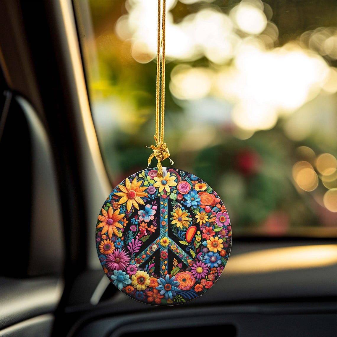 Colorful Floral Peace Sign Round Hanging Ornament Black Poster - Image 3