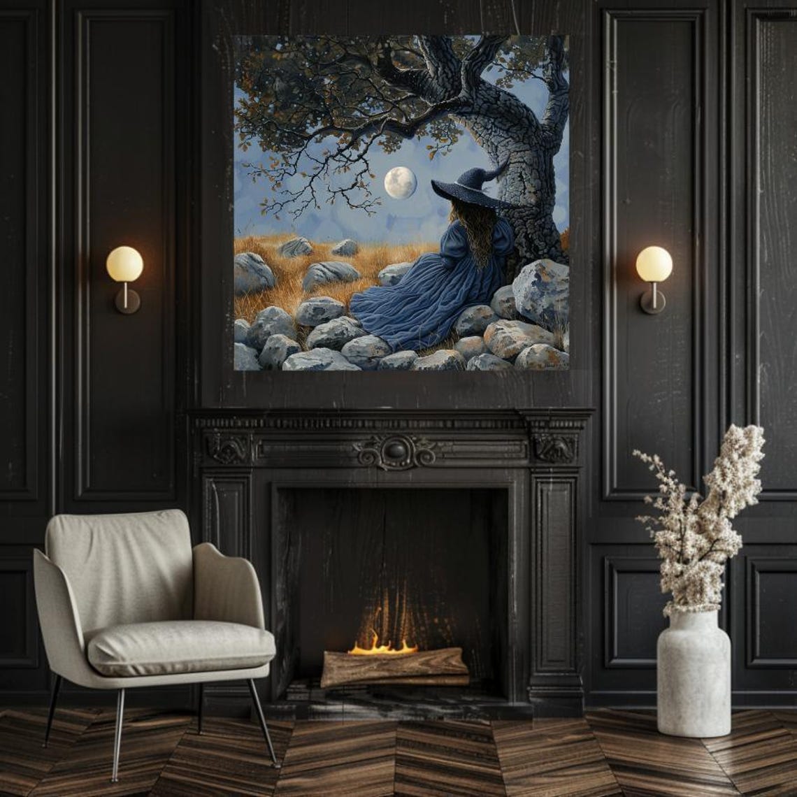 Blue Witch Resting Under Ancient Tree In Moonlit Field Poster - Image 4