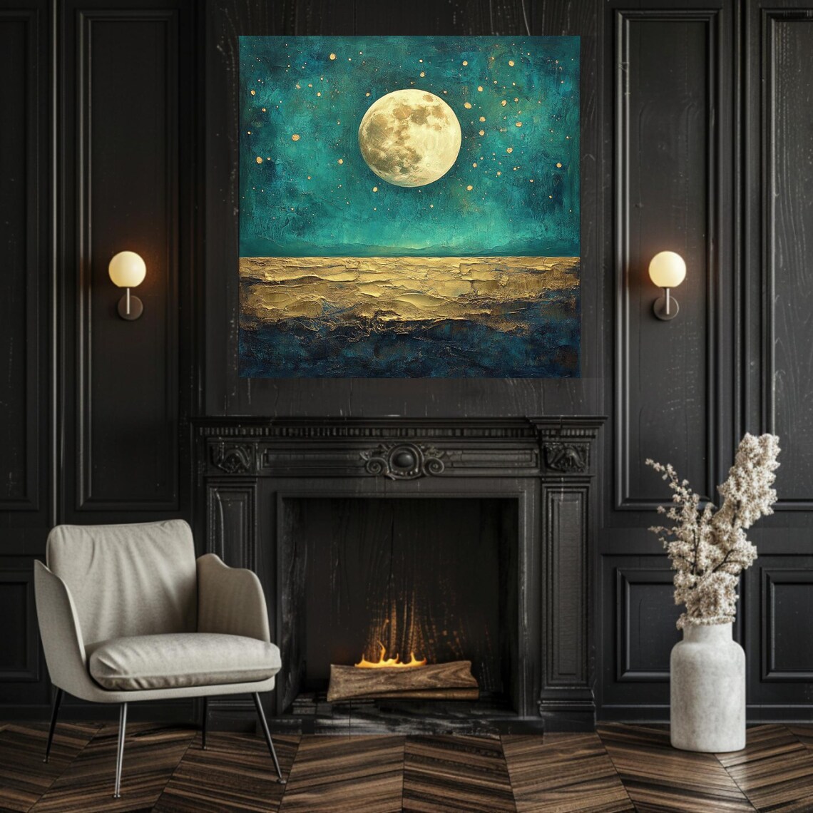Golden Full Moon Rising Over Teal Sea Abstract Ocean Night Art Poster - Image 6