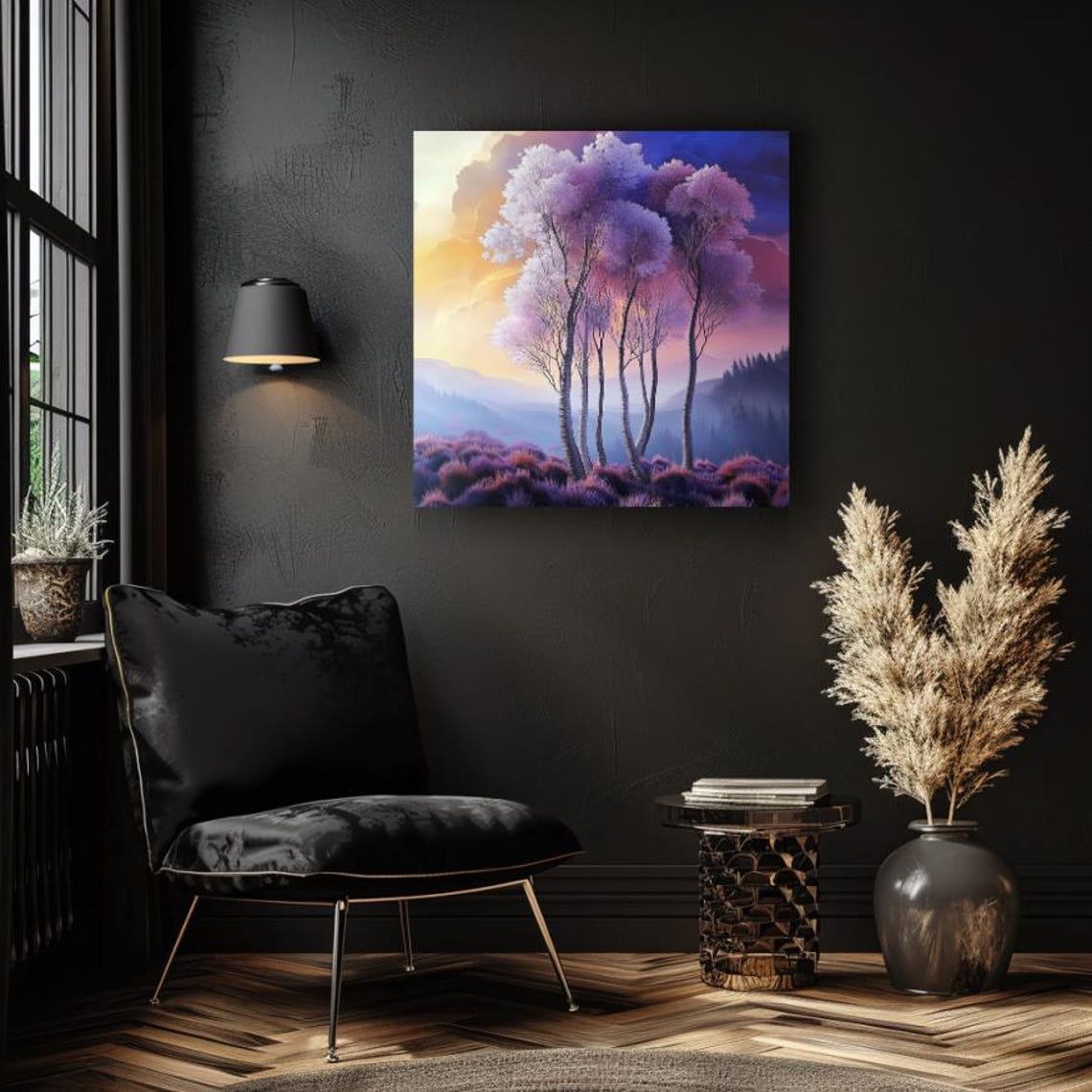 White Birch Trees At Sunrise Over Lavender Field Misty Poster - Image 4