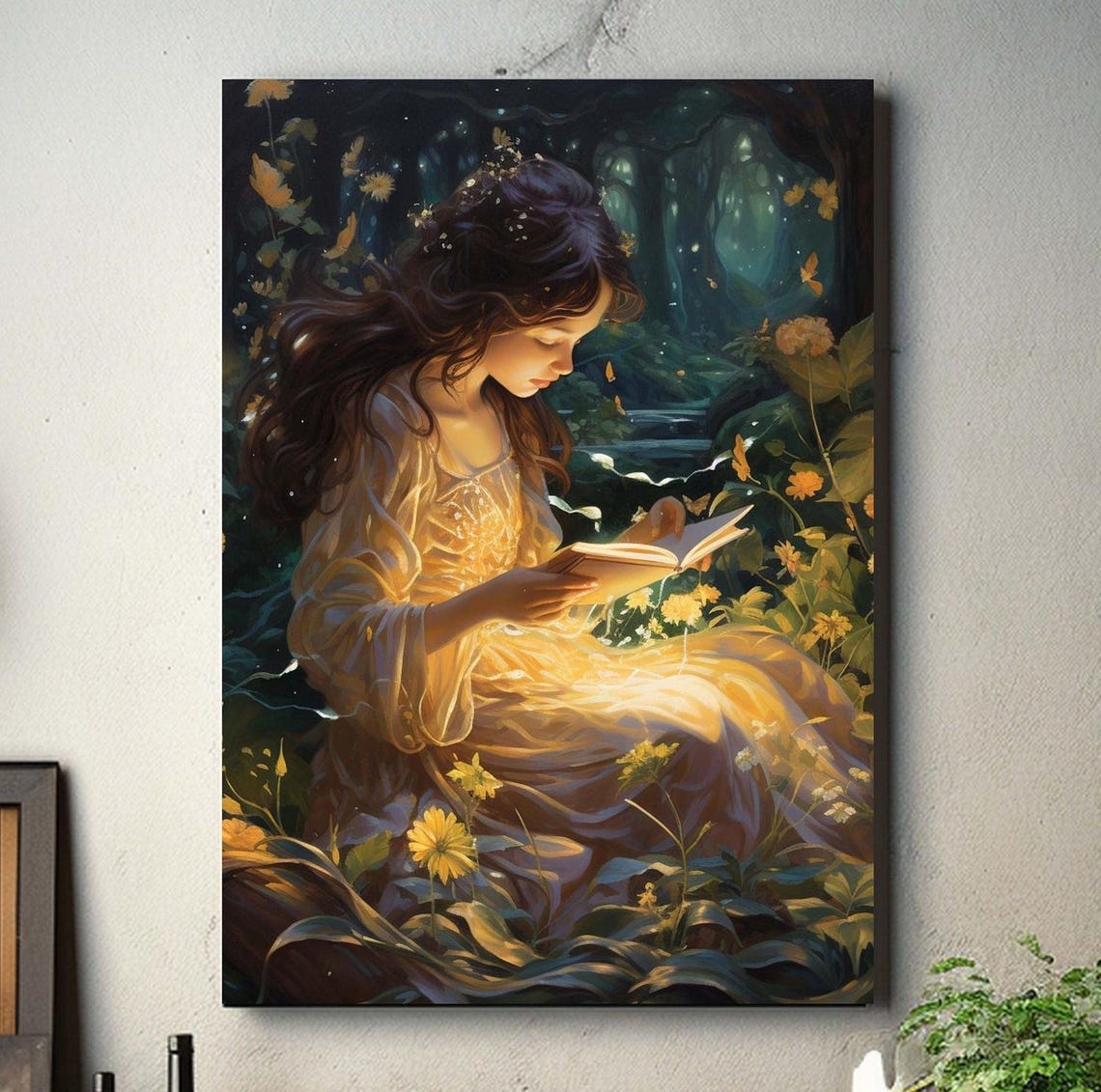 Girl Reading Glowing Book In Enchanted Wildflower Forest Poster