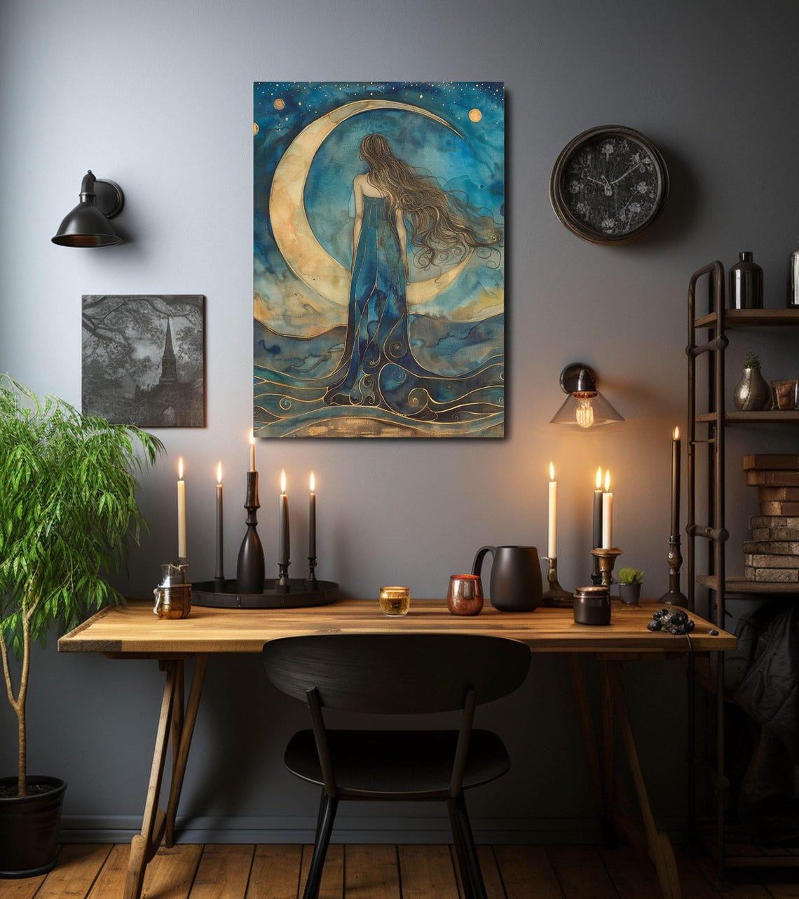 Crescent Moon Goddess Flowing Teal Gown Watercolor Art Poster - Image 3