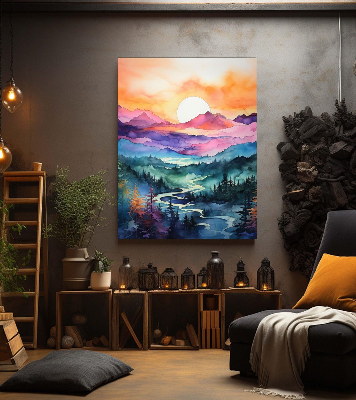 Watercolor Sunset Over Misty Mountains And Winding River Poster