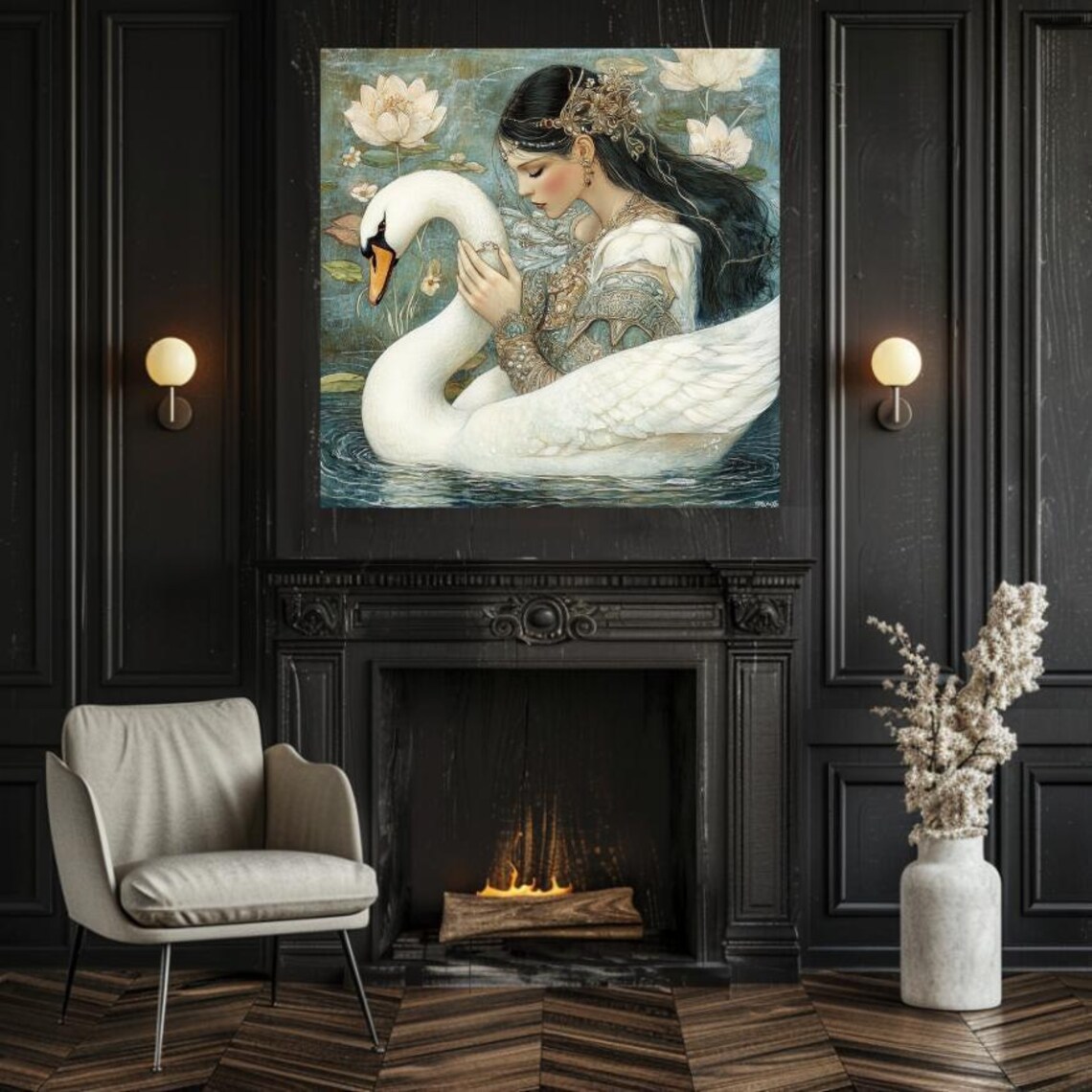 Ethereal Goddess Embracing White Swan on Lotus Lake Art Poster - Image 2