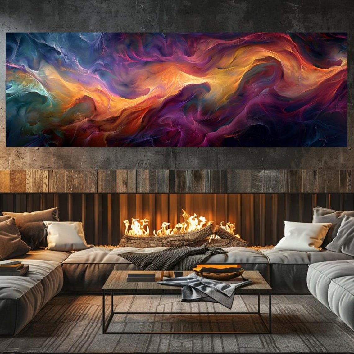 Fiery Magenta and Gold Abstract Fluid Wave Panoramic Decor Poster - Image 3