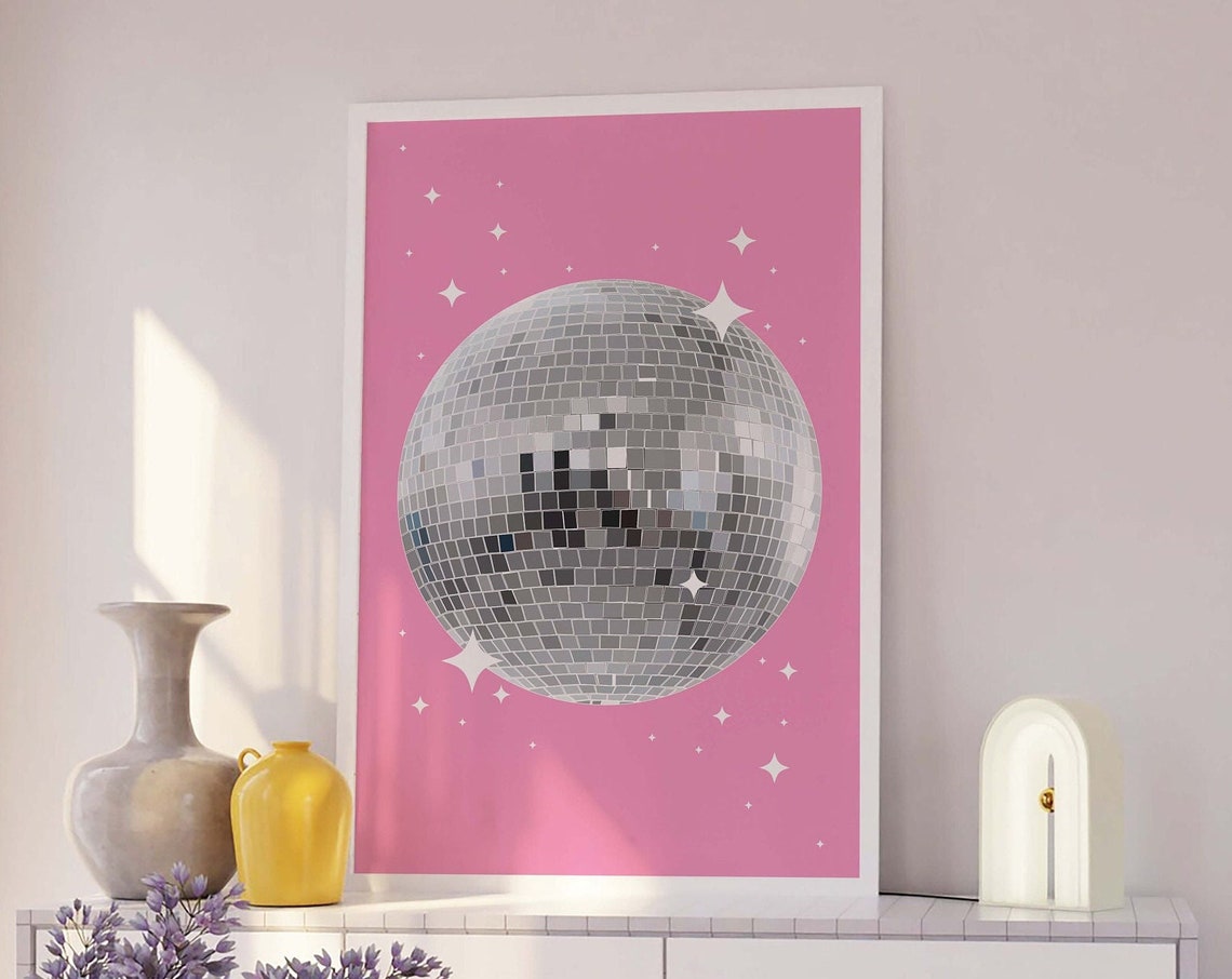 Pink Disco Print Art Pink Disco Ball Exhibition Print Mirrorball Art Print Cute Trendy Wall Art