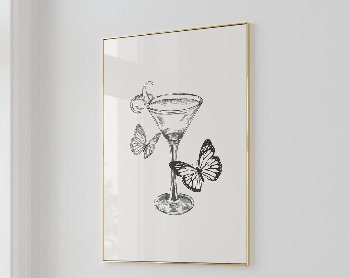 Martini Glass and Butterfly Sketch Trendy Bar Cart Art Poster - Image 2