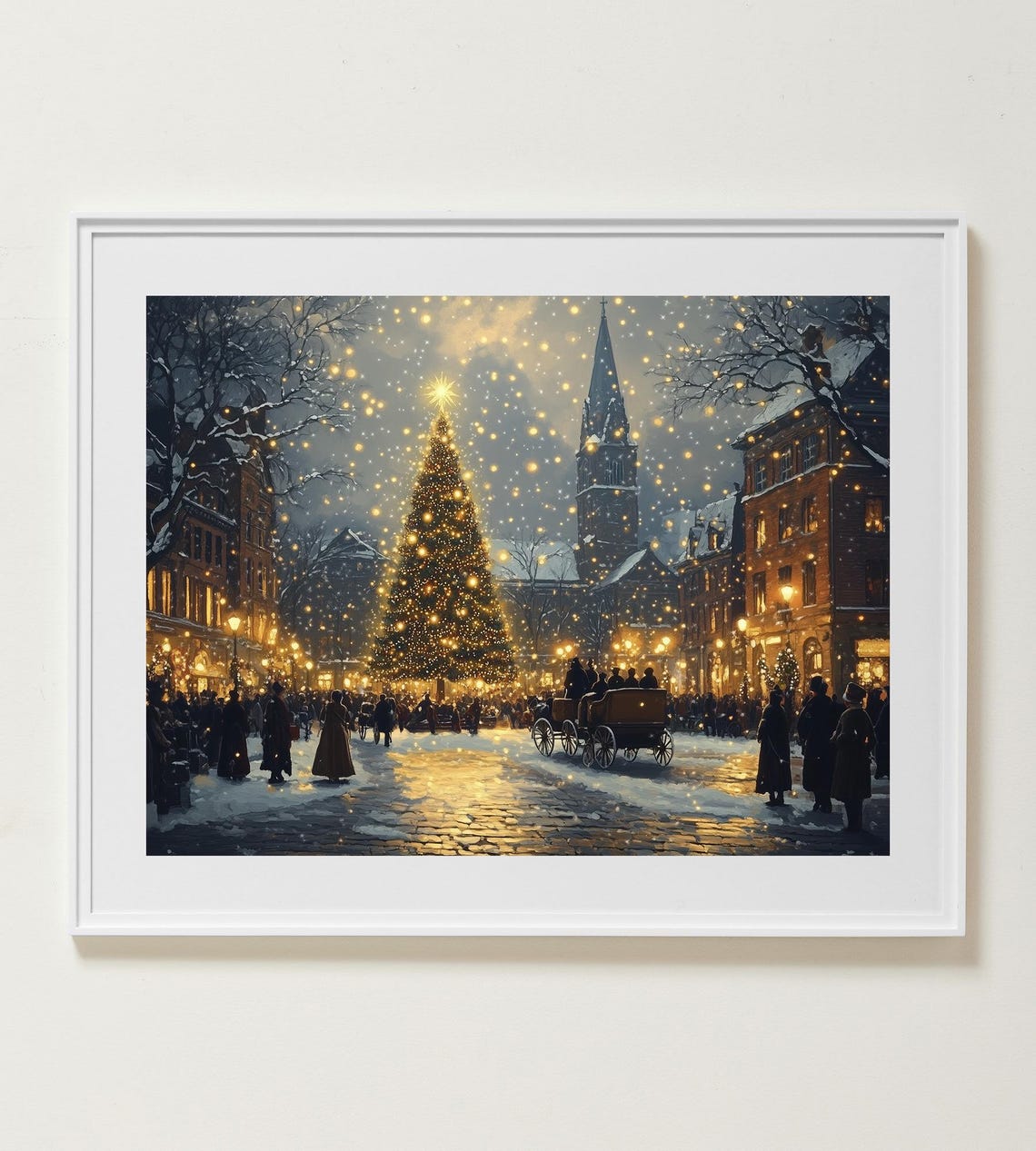 Victorian Christmas Town Square With Glowing Tree Snow Poster