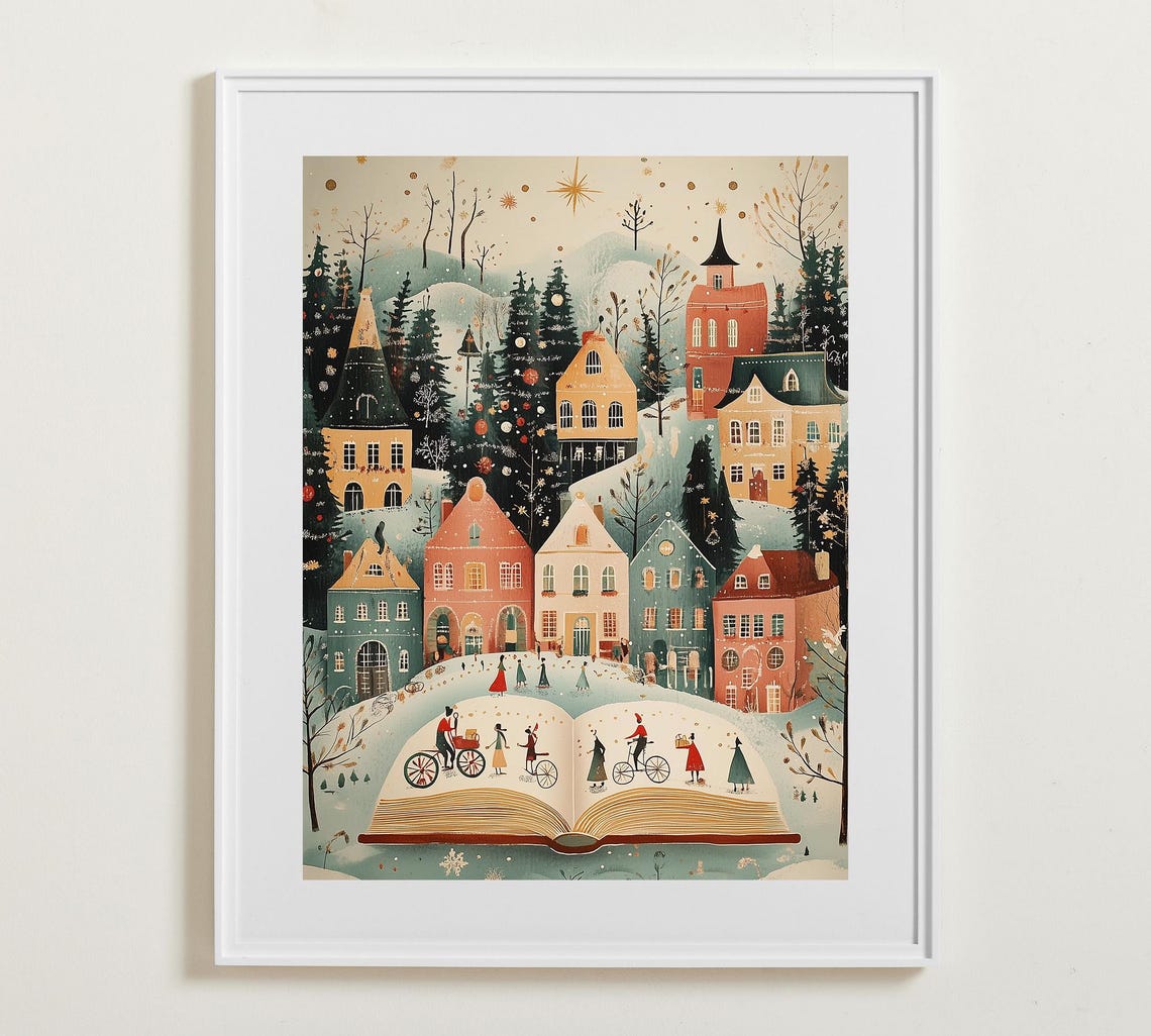 Whimsical Winter Village Rising from Open Storybook Magic Poster