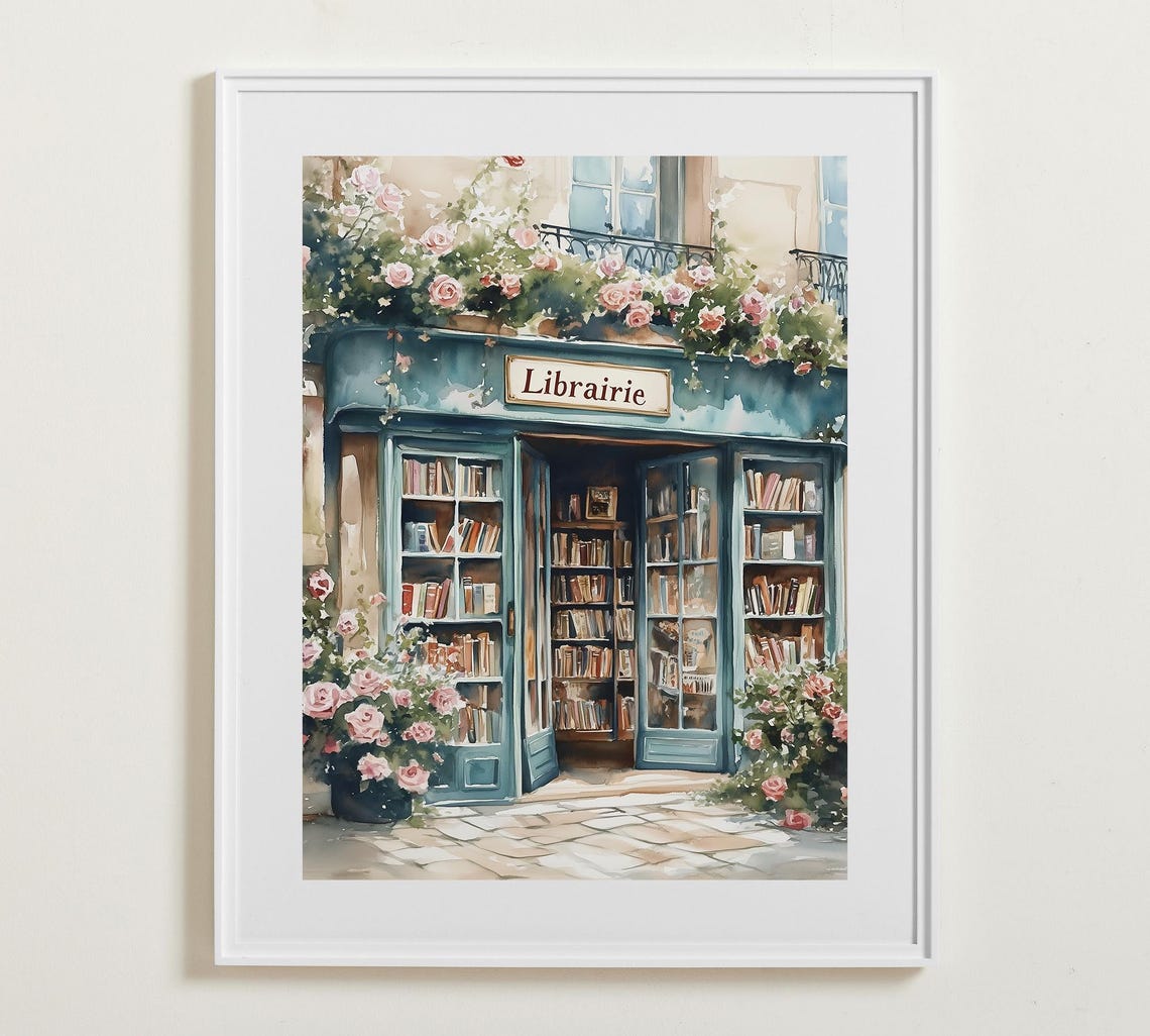 Charming French Librairie Bookshop Storefront With Pink Roses Poster