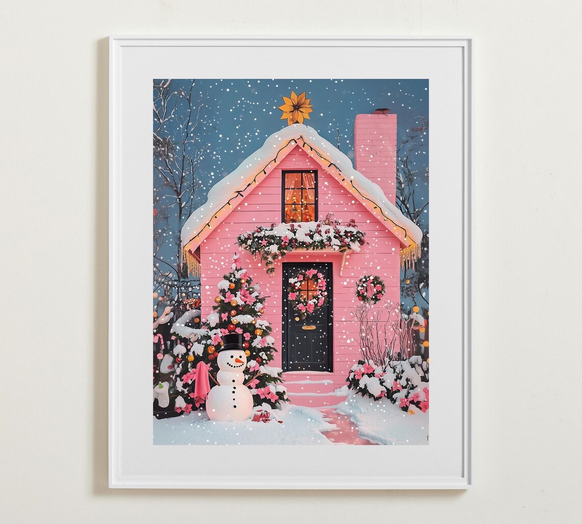 Pink Christmas Cottage in Snow with Snowman Festive Scene Poster
