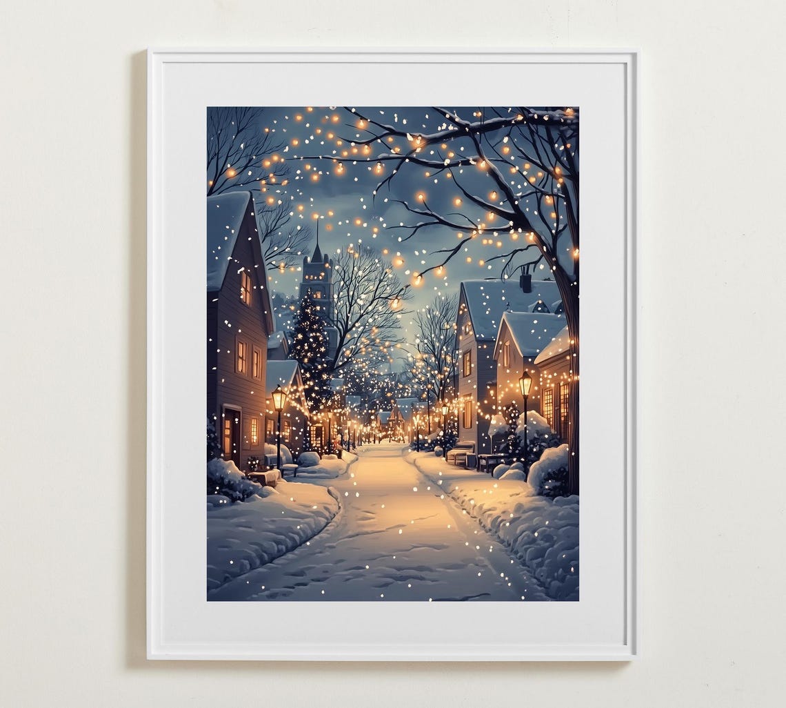 Snowy Village Street with Lit Trees at Dusk Winter Lights Poster
