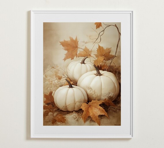 White Pumpkins With Golden Maple Leaves Rustic Autumn Still Life Poster