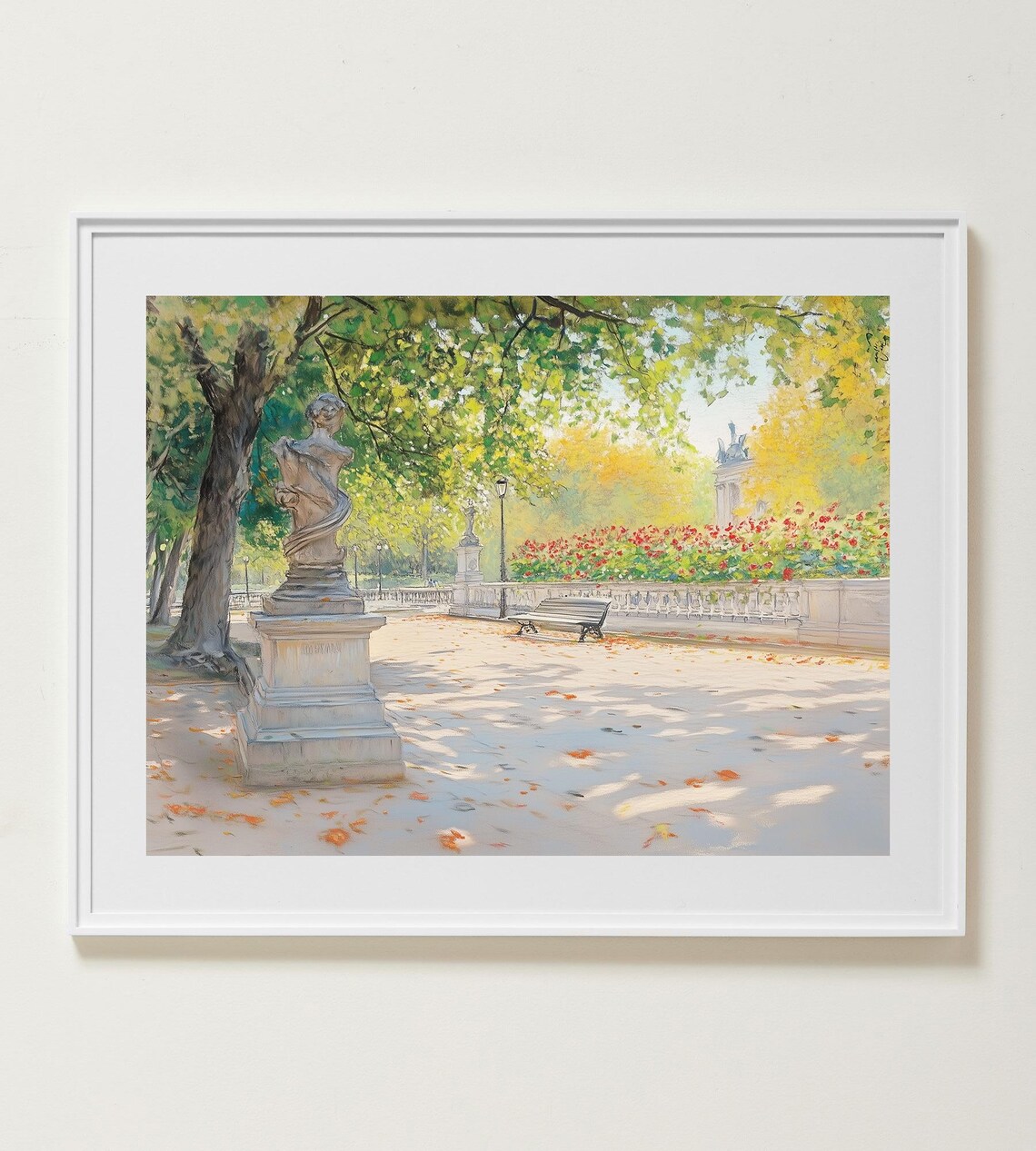 Paris Tuileries Garden Watercolor Statue Bench Impressionist Spring Scene Poster