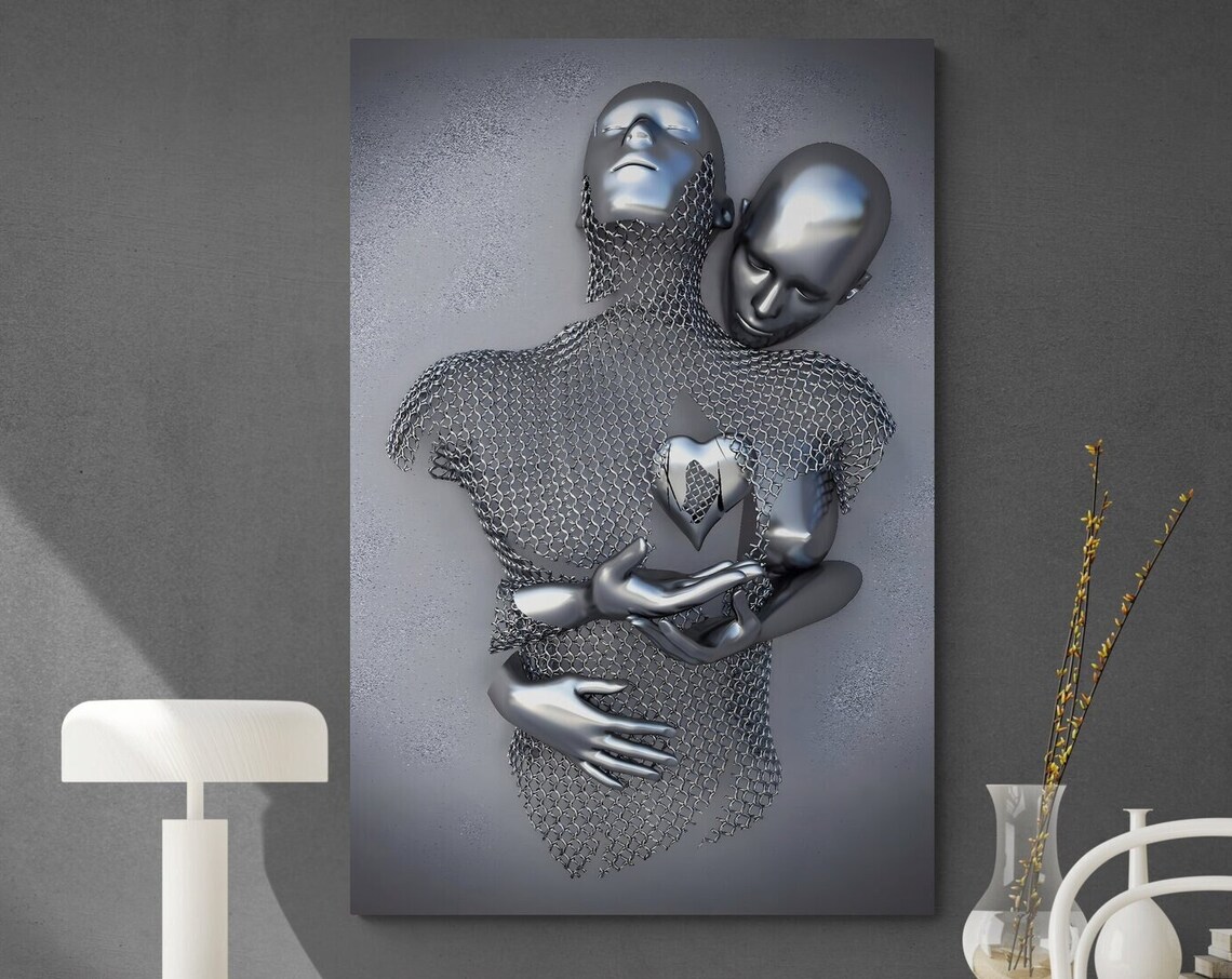 3D Hugging Couple Silver Heart Wall Art Print - Image 3