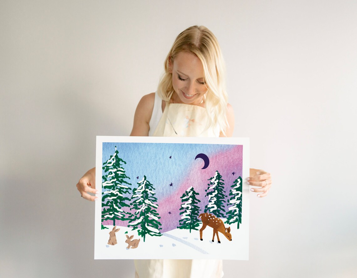Deer and Rabbits Night Sky Winter Landscape Art Print - Image 3