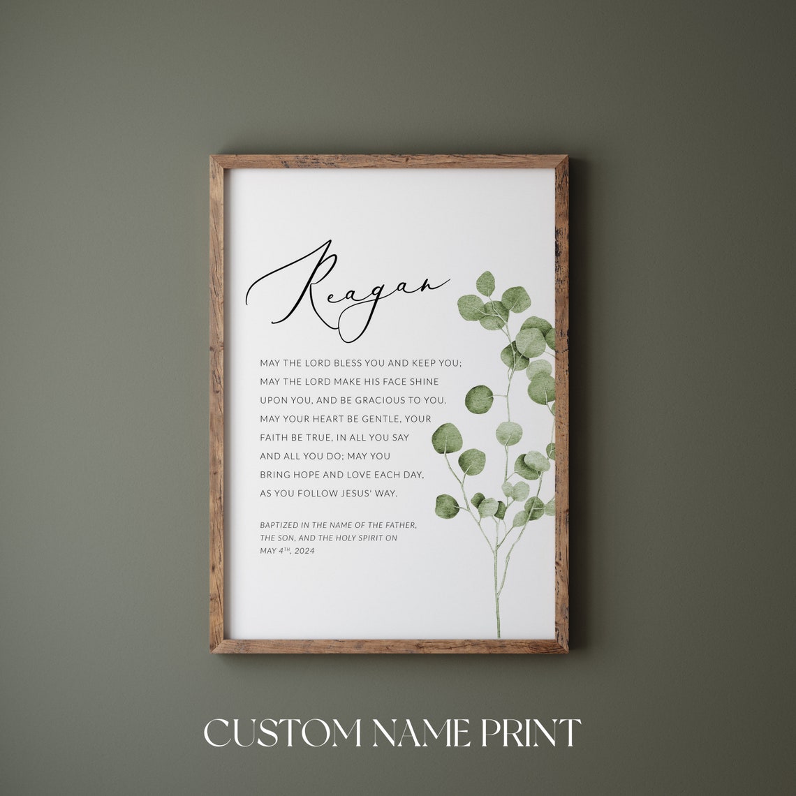 Personalized Baptism Print Custom Name Eucalyptus Blessing Keepsake
