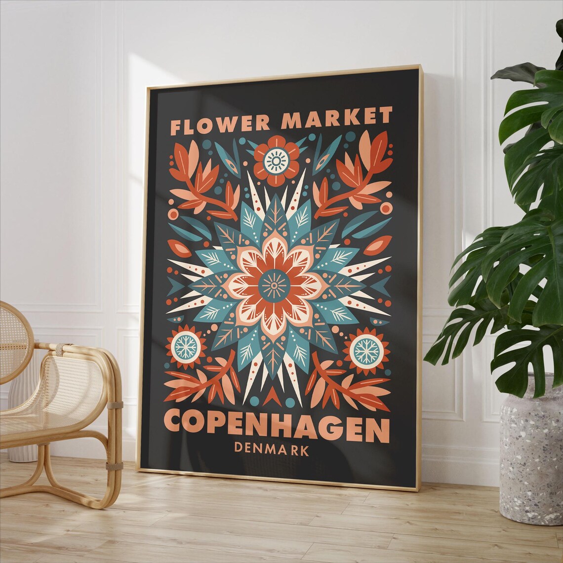 Flower Market Copenhagen Denmark Folk Floral Dark Boho Art Poster - Image 2