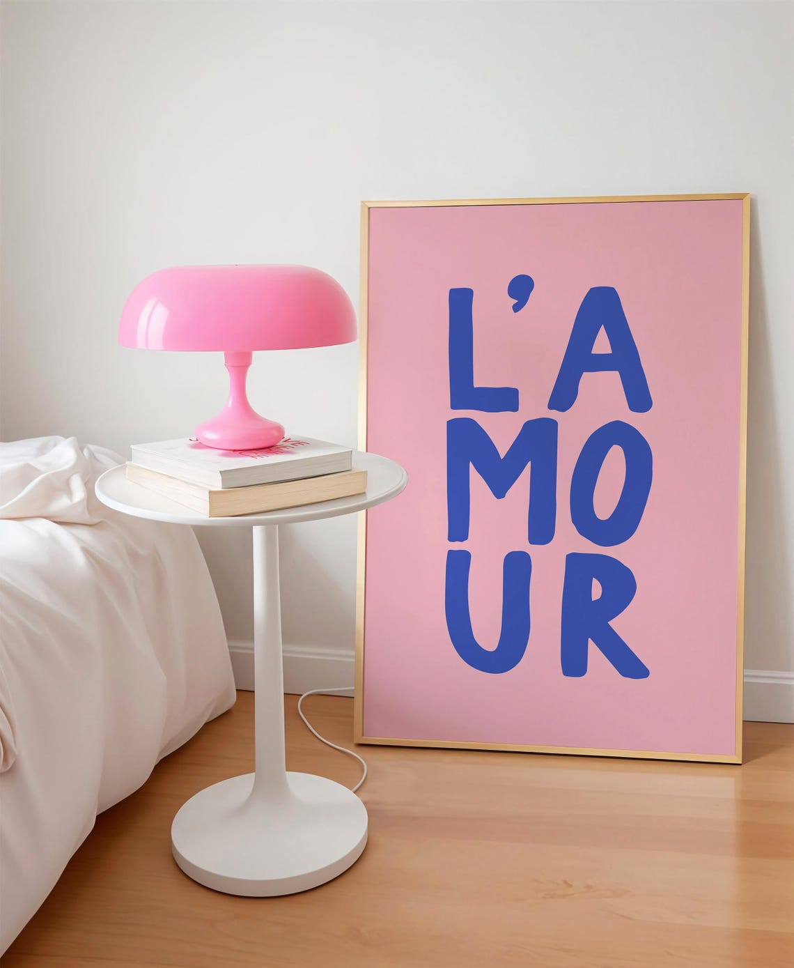 Lamour French Typography Poster Blue Letters Pink Background
