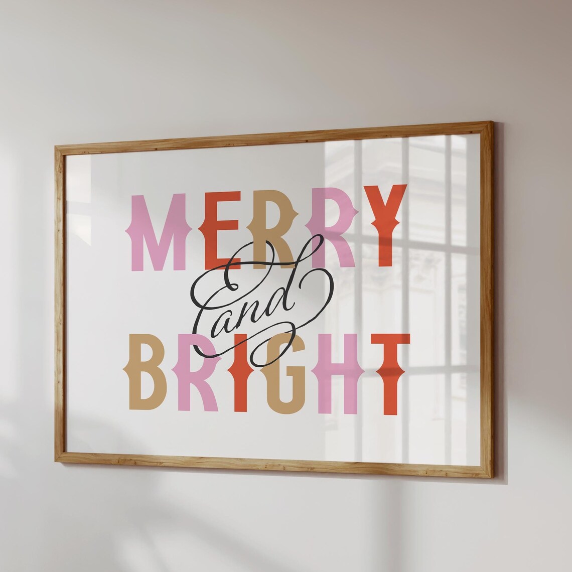 Merry and Bright Pink Red Gold Block Letter Christmas Quote Poster