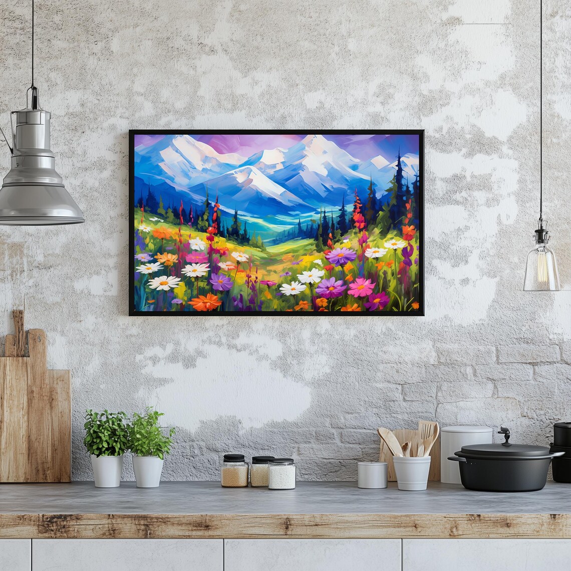 Snowy Mountain Peaks Wildflower Meadow Colorful Nature Art Poster - Image 4