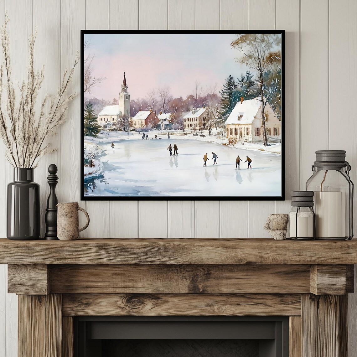 Vintage Ice Skating On Frozen Pond Snowy Village Winter Poster - Image 3