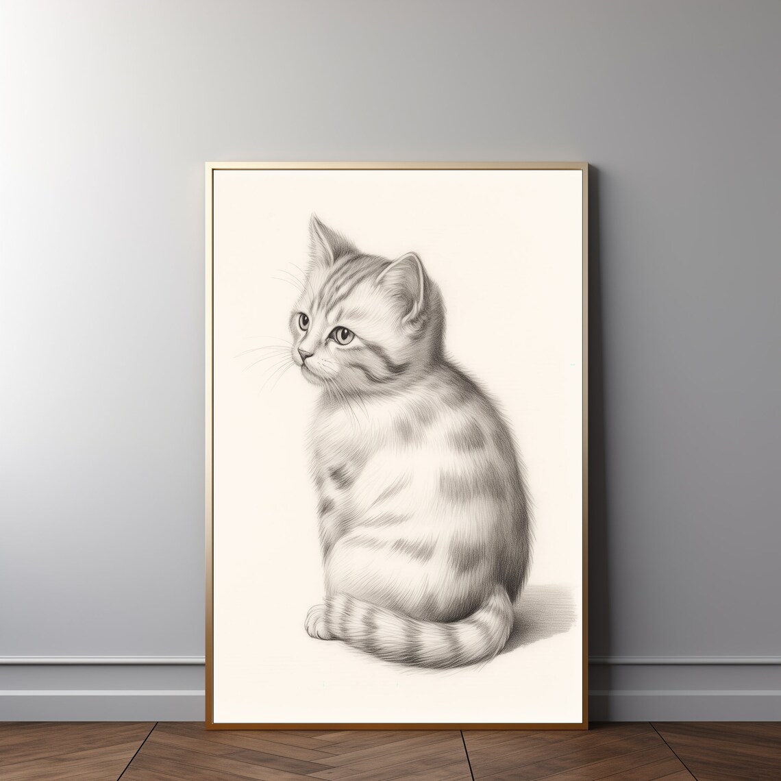 Vintage Kitten Pencil Sketch Print Cute Tabby Cat Drawing Nursery Wall Art - Image 3