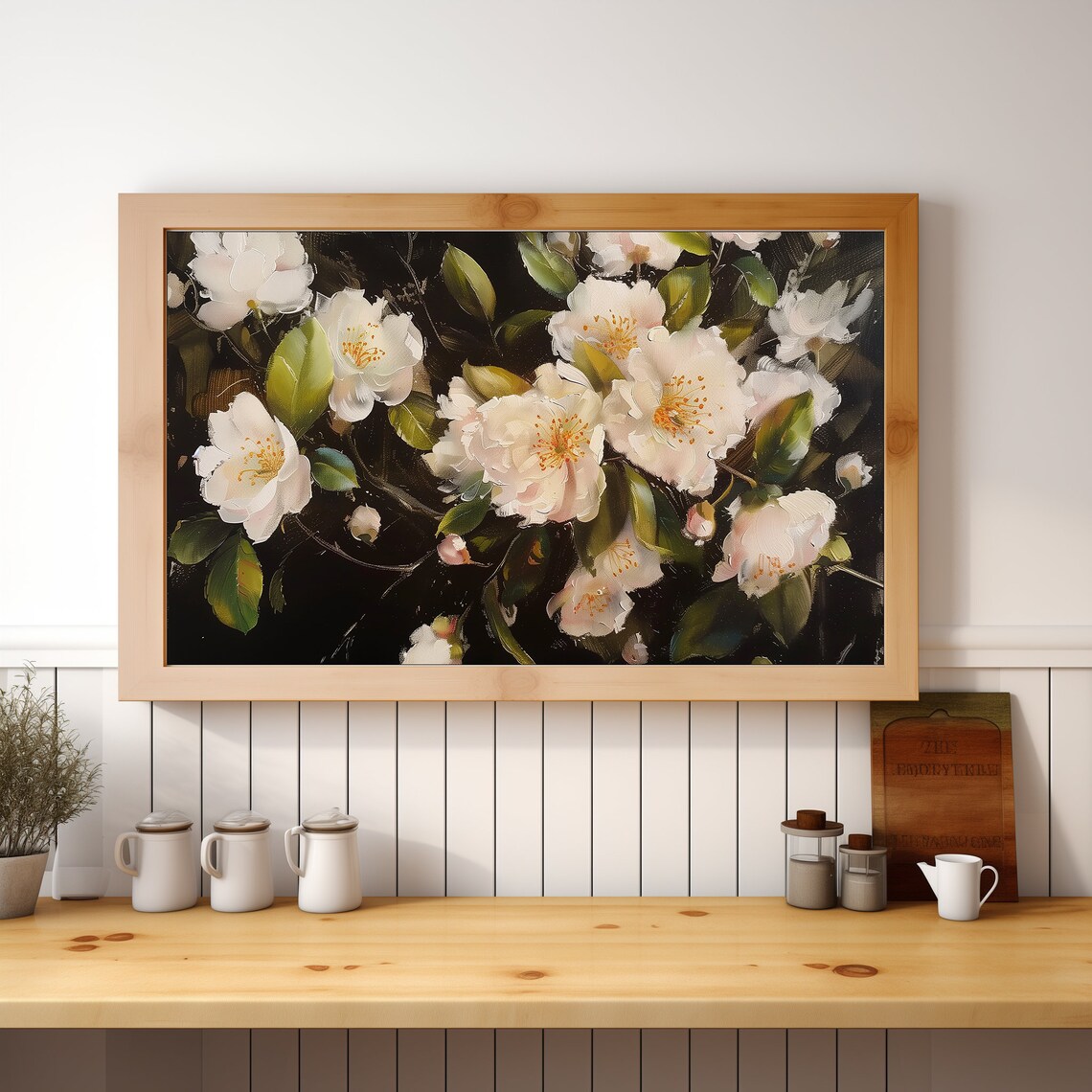 White Camellia Flowers On Dark Background Oil Painting Wall Art - Image 4