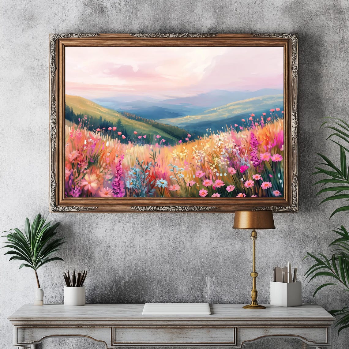 Pink Wildflower Meadow Mountain Valley Sunset Landscape Art Poster - Image 4