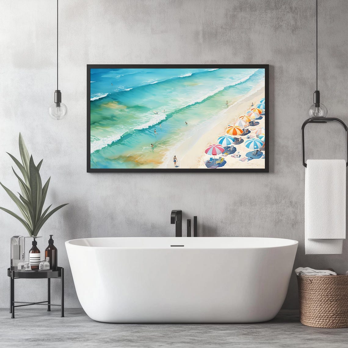 Aerial Beach Umbrellas Turquoise Waves Summer Coast Watercolor Poster - Image 4