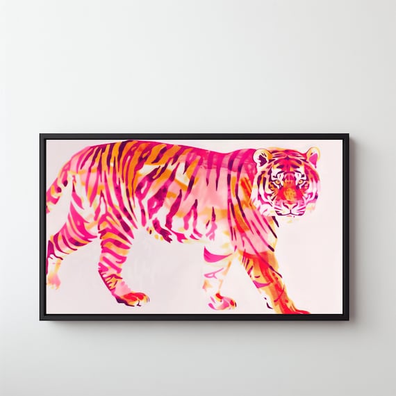 Pink Orange Tiger Watercolor Painting Bold Colorful Maximalist Animal Art