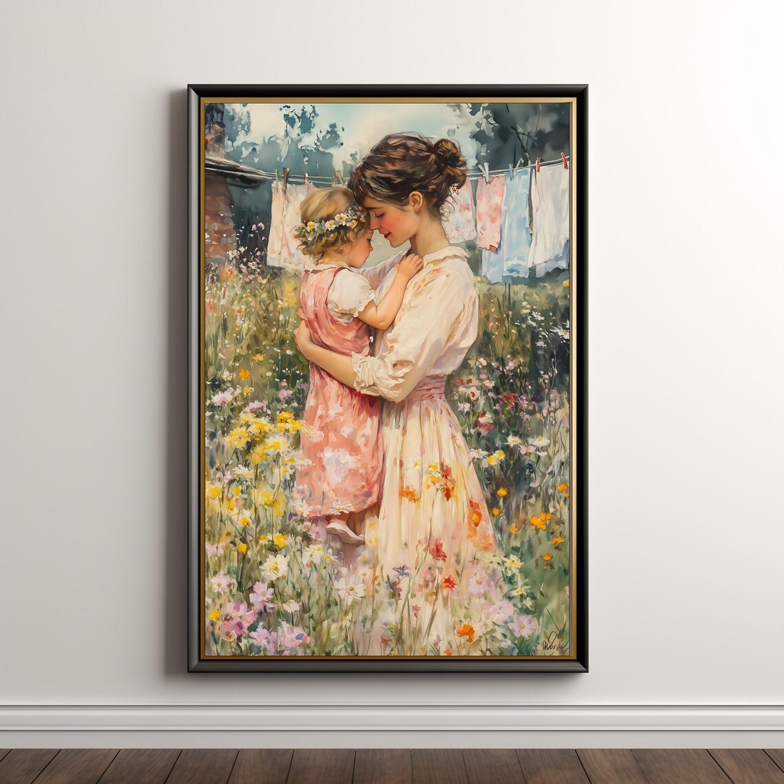 Mother And Child In Wildflower Garden Vintage Cottagecore Wall Art - Image 5