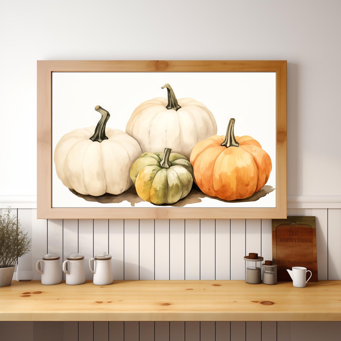 Watercolor Pumpkins White Orange Green Fall Harvest Rustic Wall Poster - Image 3
