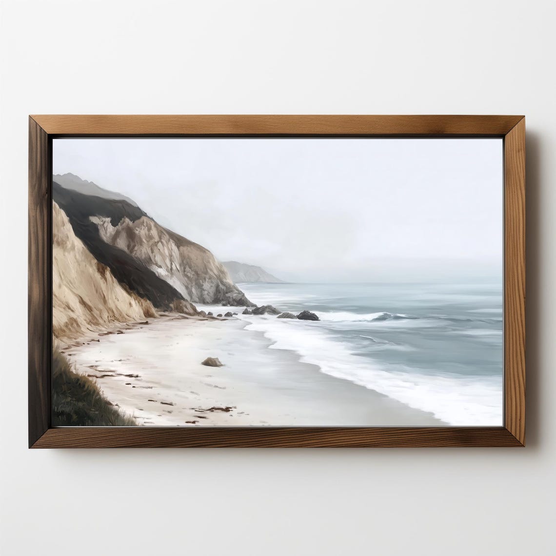 Misty Coastal Beach Cliffs Painting Foggy Ocean Waves Serene Wall Art