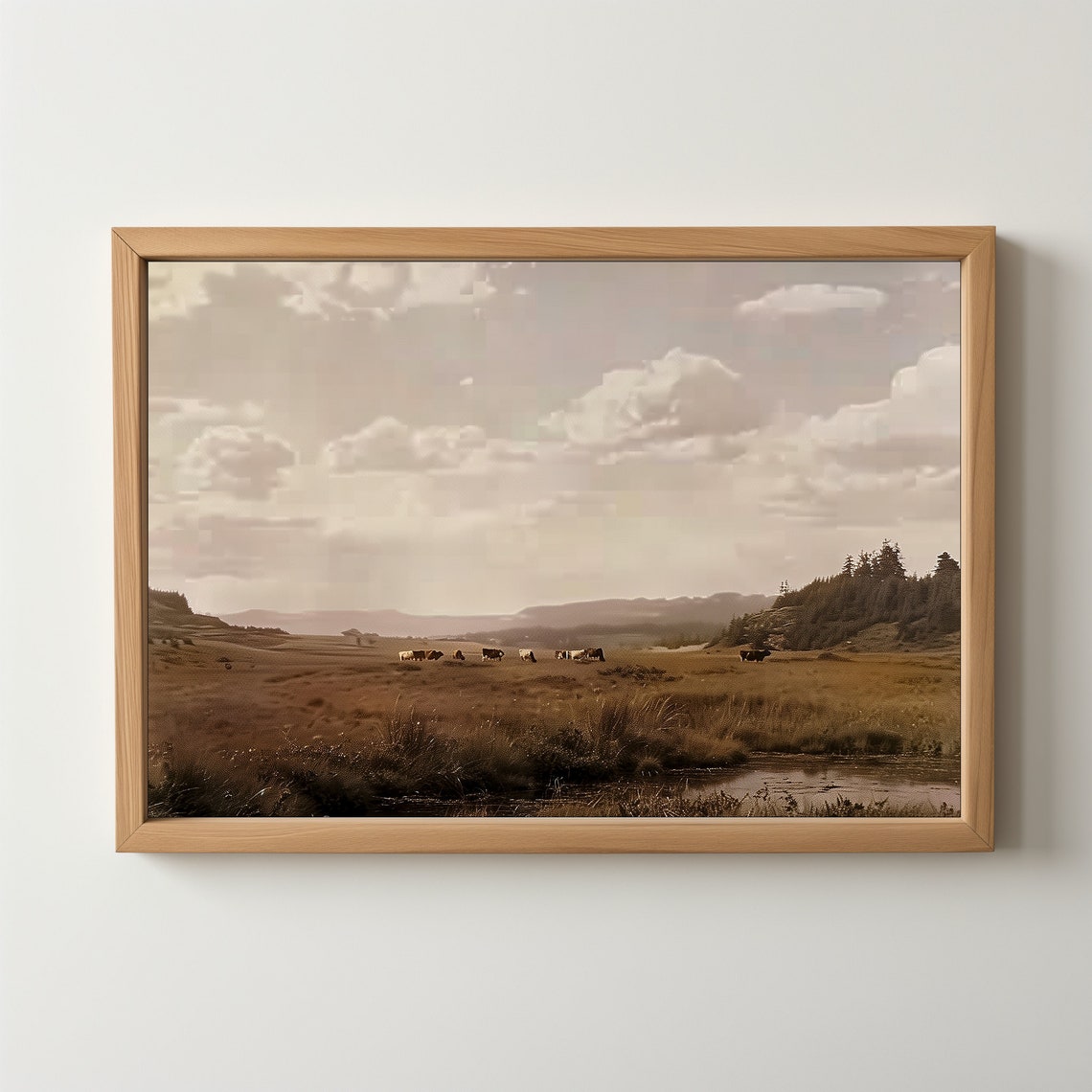 Grazing Cows Vintage Sepia Valley Moorland Rustic Landscape Oil Poster